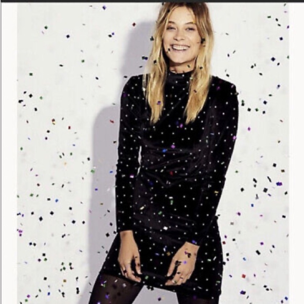 NWOT Free People Dalton Velvet polka dots mini long sleeve dress Sz S